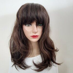 Chocolate Brown wig with bangs human hair mix.